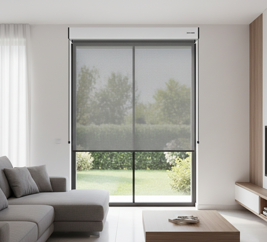 Soggiorno con divano grigio, finestra con tenda oscurante e vista sul verde.