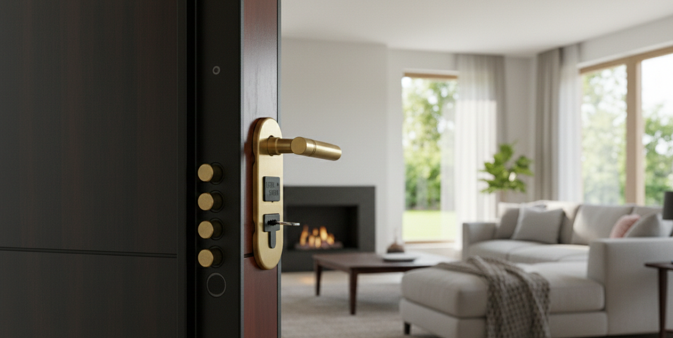 Una porta che si apre su un soggiorno, ferramenta dorata, camino e divano.