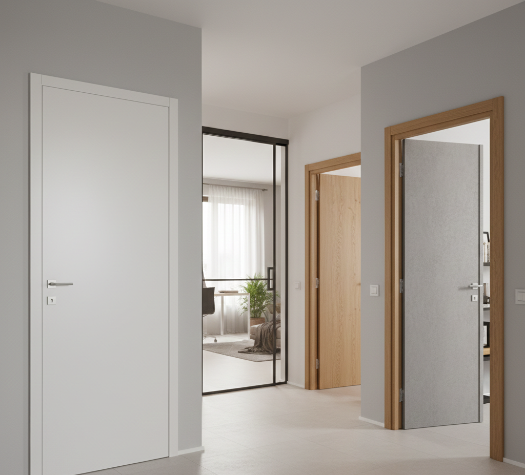 Corridoio interno con tre porte chiuse, una a vetri e pareti grigio chiaro.