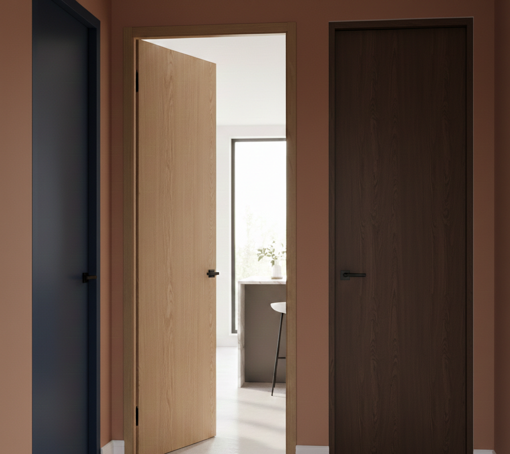 Tre porte chiuse in un corridoio, una aperta. Porte marroni, effetto legno e blu scuro su una parete nei toni della terra.