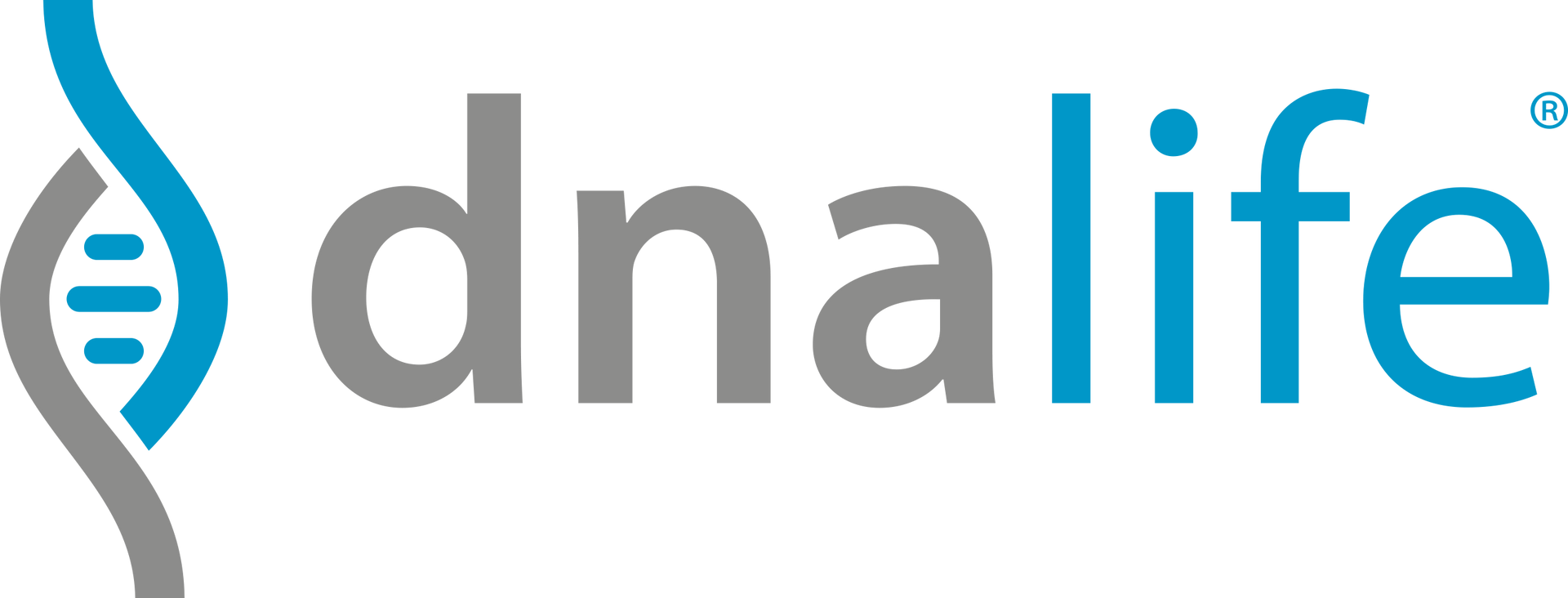 The logo for dnalife is a blue and gray logo with a dna.