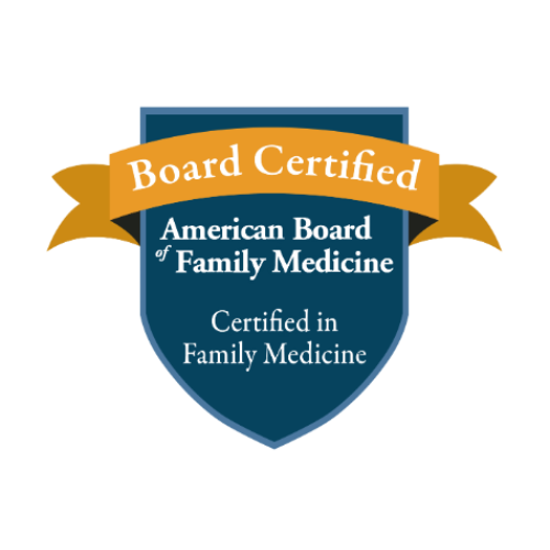 Board certified American Board of Family Medicine seal. Blue shield with gold banner stating “Board Certified”.