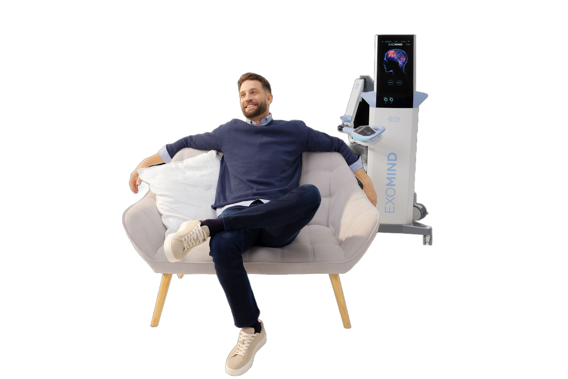 Man seated comfortably next to medical equipment, smiling.