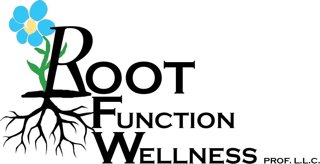 A logo for root function wellness with a blue flower and roots.