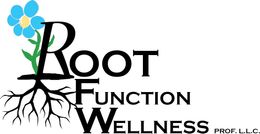 A logo for root function wellness with a blue flower and roots.