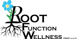 A logo for root function wellness with a blue flower and roots.