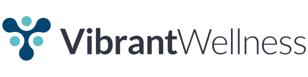 The vibrant wellness logo is a blue and white logo on a white background.