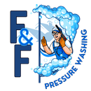 Logo for F&F Pressure Washing: a man with pressure washer gives thumbs up surrounded by foam. Blue and white colors.
