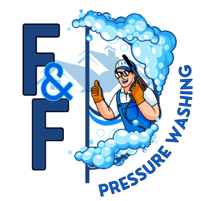 Logo for F&F Pressure Washing: a man with pressure washer gives thumbs up surrounded by foam. Blue and white colors.