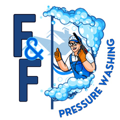 Logo for F&F Pressure Washing: a man with pressure washer gives thumbs up surrounded by foam. Blue and white colors.