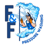 Logo for F&F Pressure Washing: a man with pressure washer gives thumbs up surrounded by foam. Blue and white colors.