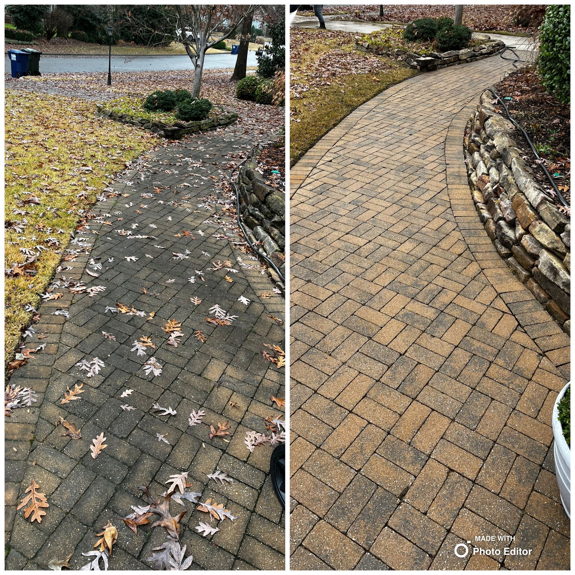 Before and after of a brick walkway. Left side is dirty with leaves, right side is cleaned and the bricks are bright.