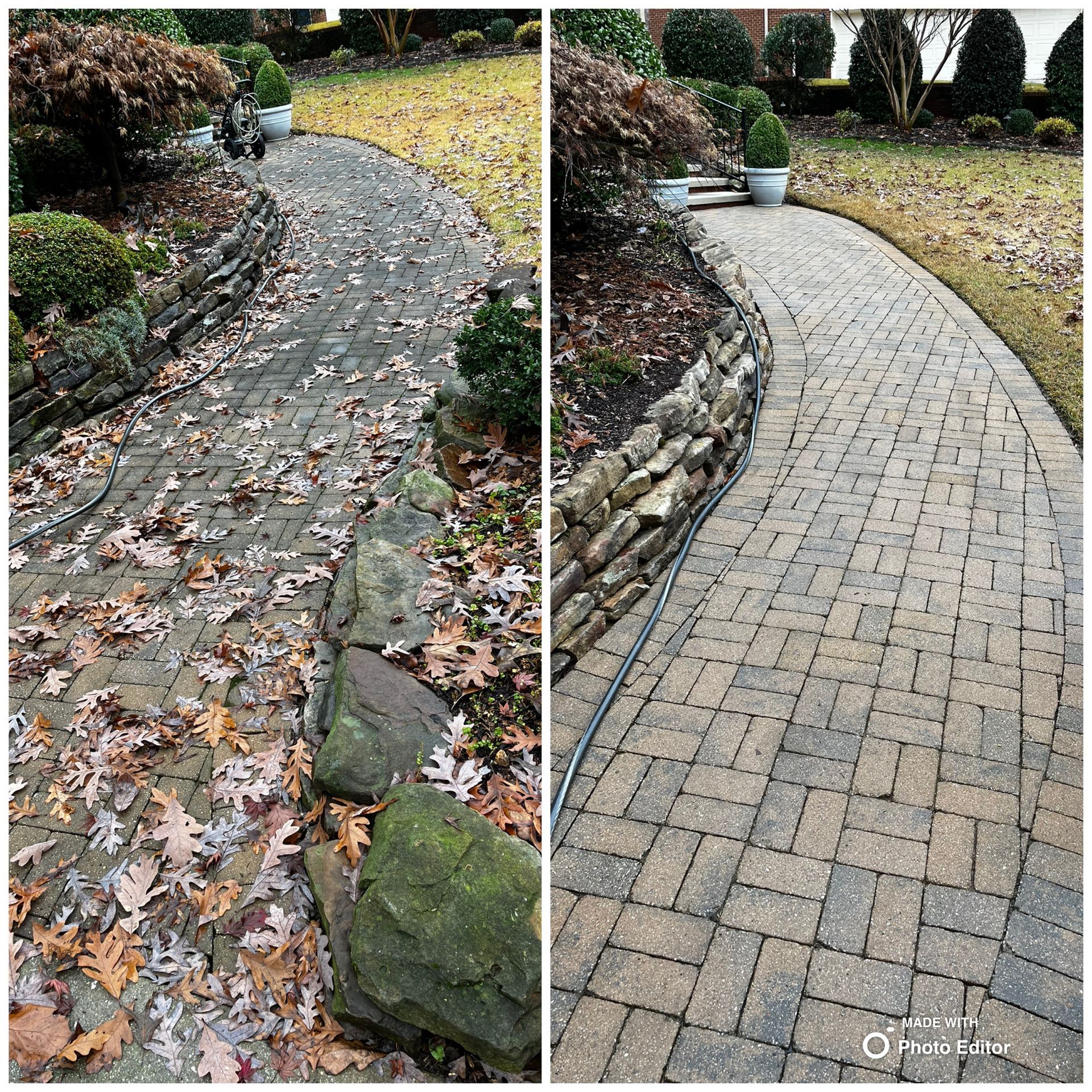 Before and after of a curved brick walkway cleaned with a pressure washer. The left shows the walkway covered in leaves, the right clean.