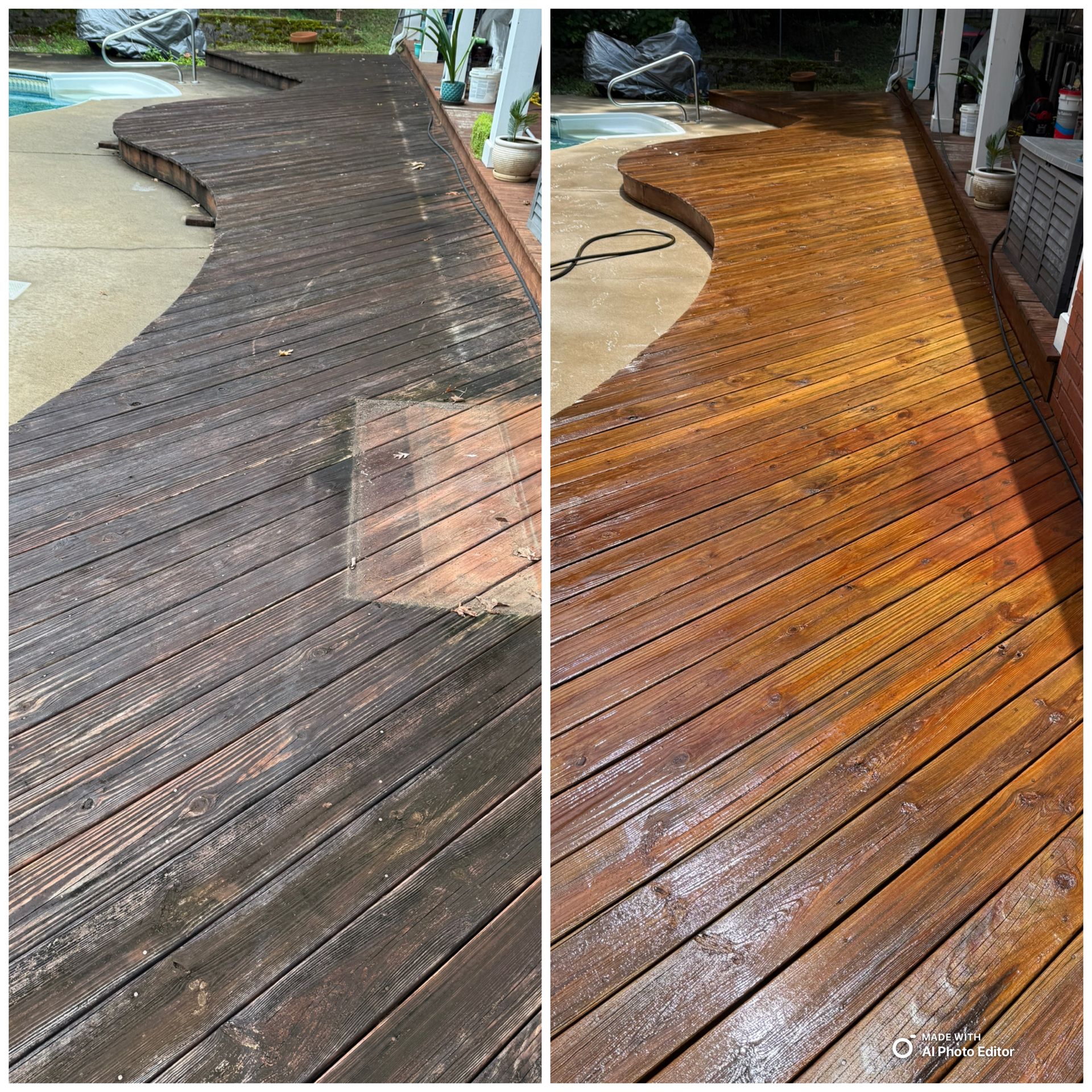 Before and after view of a wooden deck, power washed clean; showing dark and dirty vs. bright and stained wood.