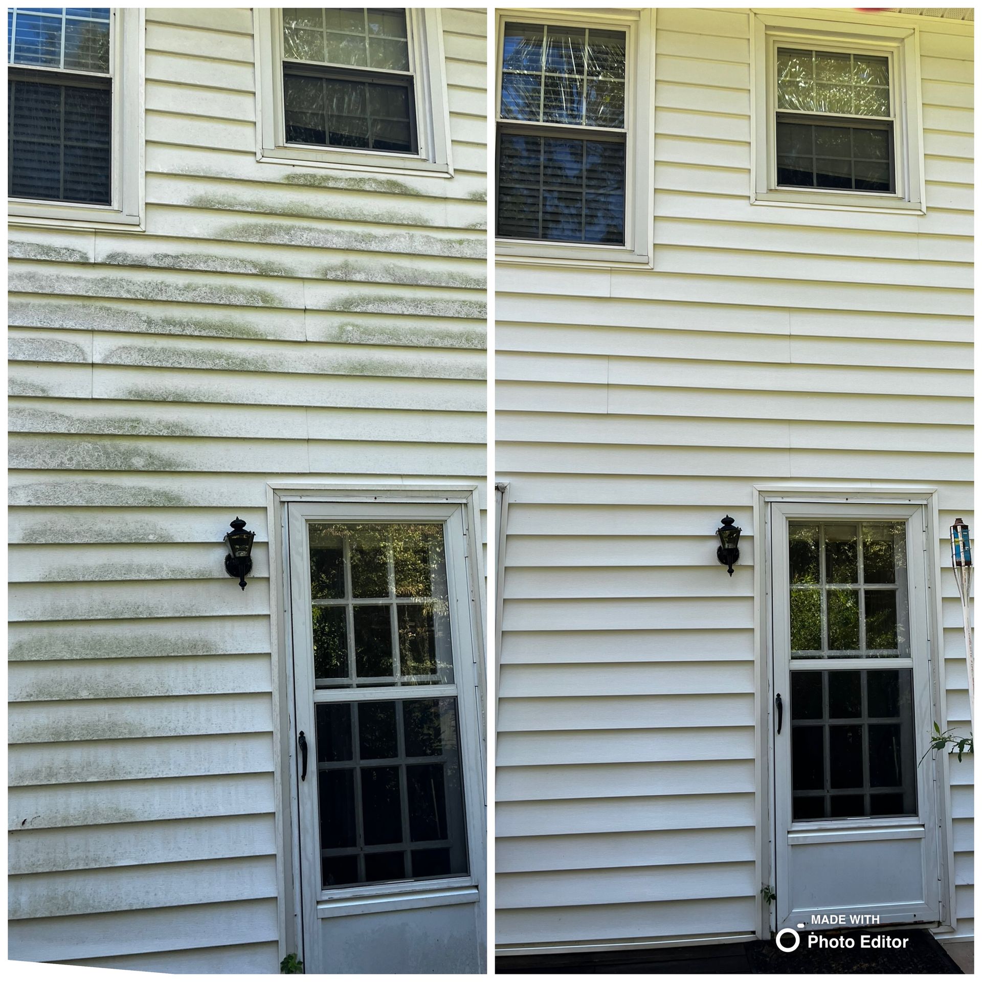 Before and after of a white house exterior. Left side is dirty with grime, right side is clean after washing.