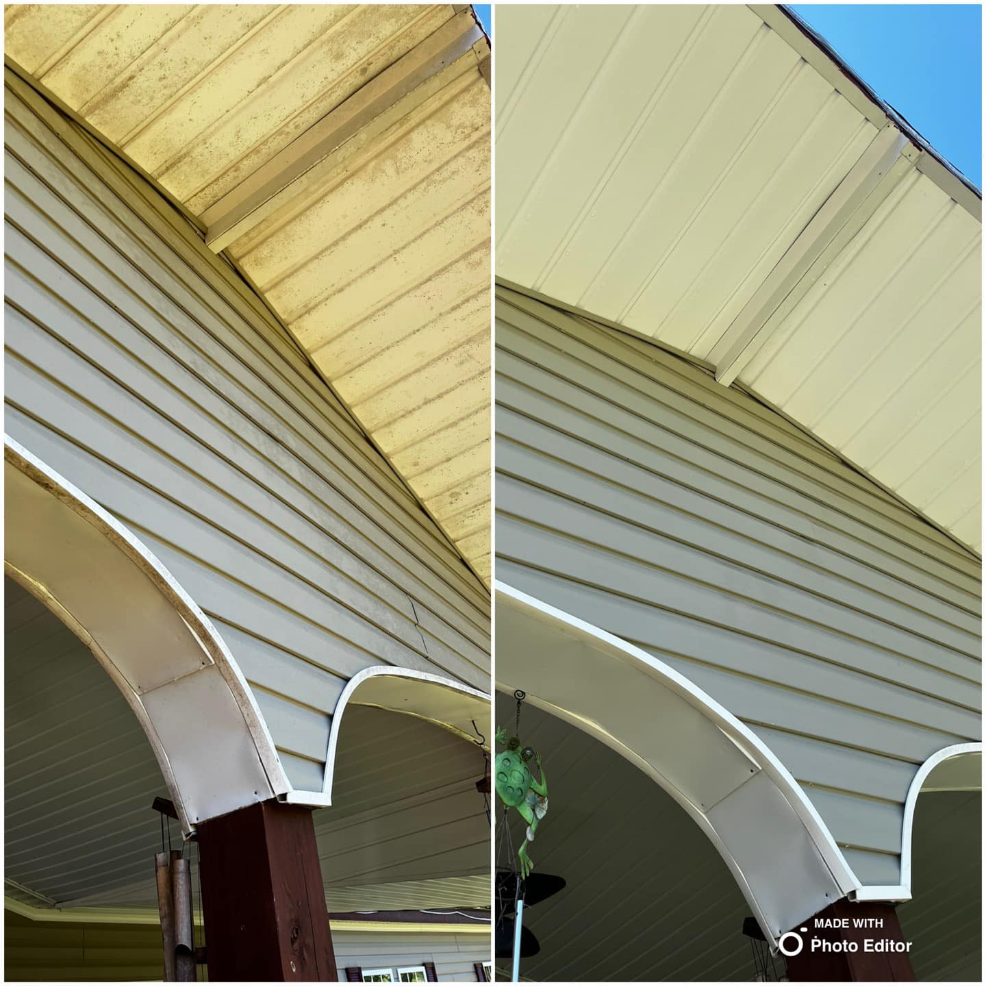 A before and after comparison of a house's vinyl siding. The left side shows dirty siding, and the right side shows clean siding.