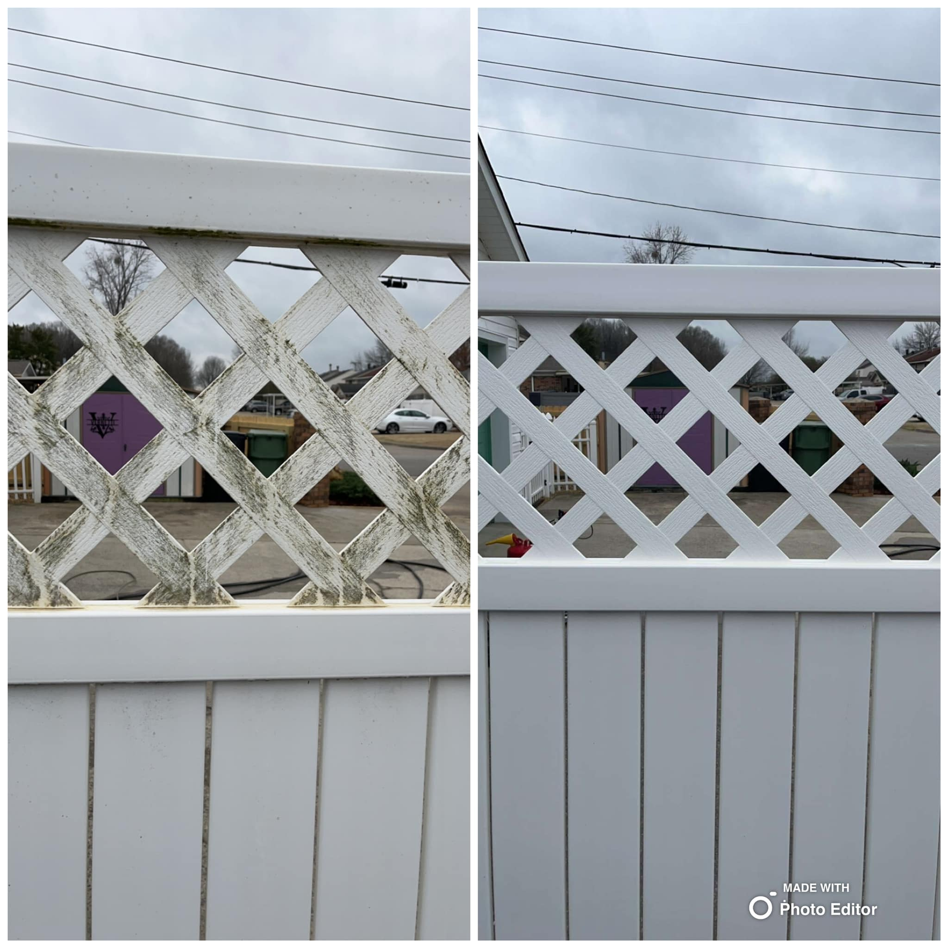 Before-and-after of a white lattice fence, cleaned and restored to a brighter, pristine state.