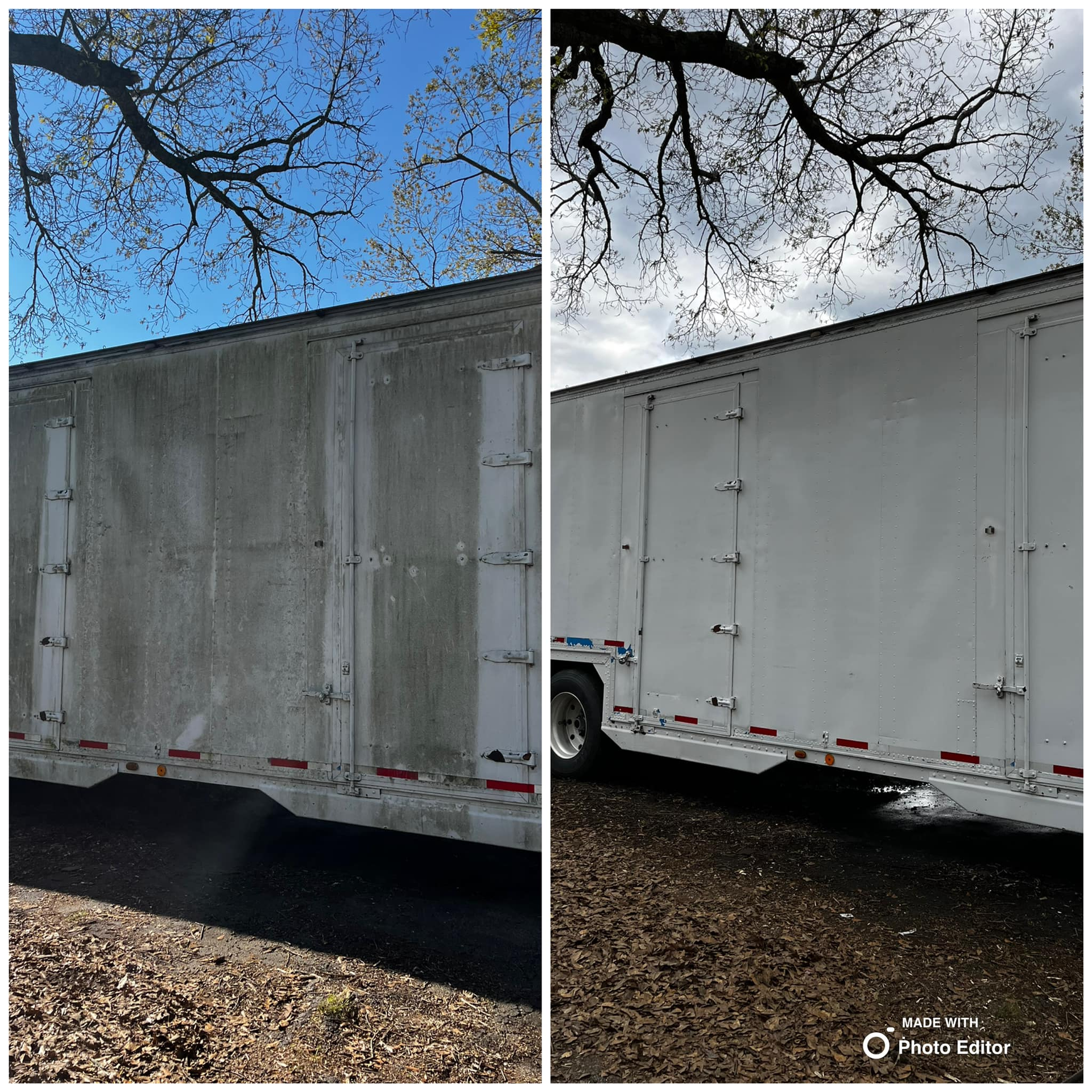 Side-by-side view of a dirty trailer on the left, and a clean trailer on the right, showcasing a cleaning service.