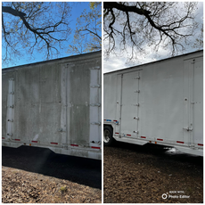 Side-by-side view of a dirty trailer on the left, and a clean trailer on the right, showcasing a cleaning service.