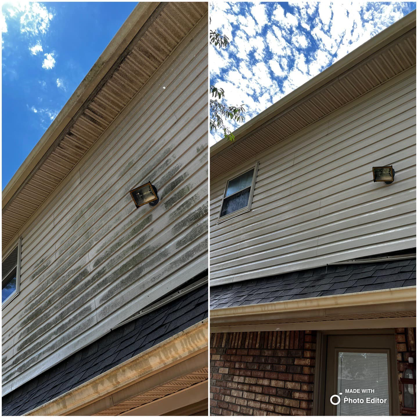 Before and after exterior cleaning of a house; dirty siding on the left and clean siding on the right.
