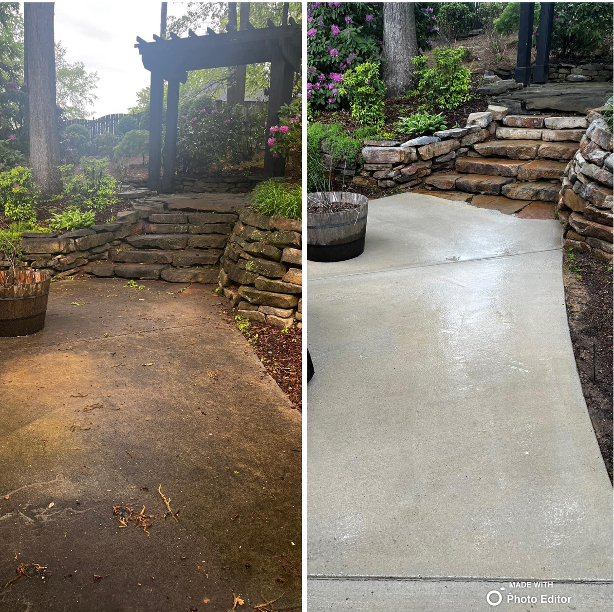 Before-and-after view of a concrete patio, now clean, with stone retaining walls, steps, and a pergola in the background.