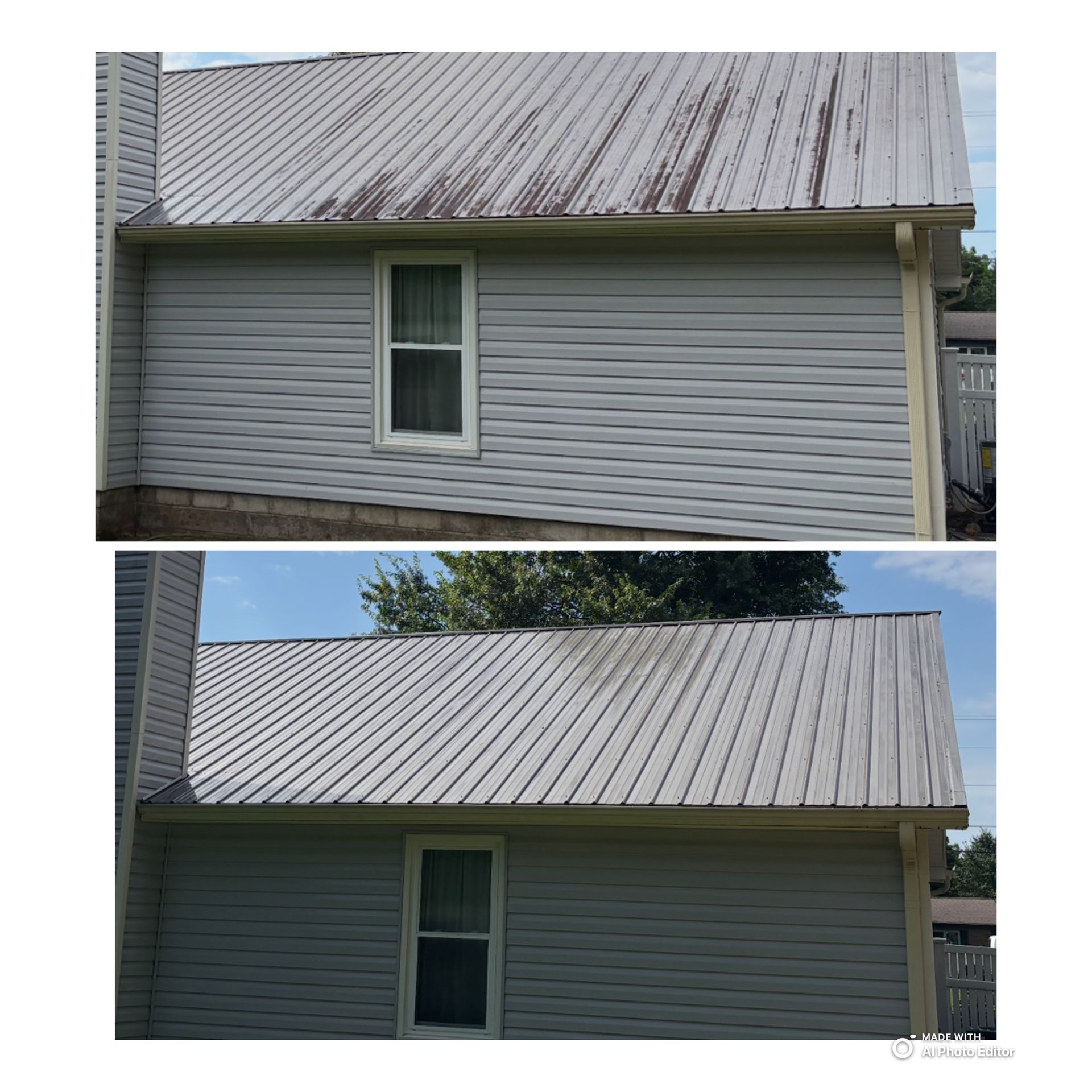 Metal roof before and after cleaning; gray house siding with window; showing improved roof appearance.