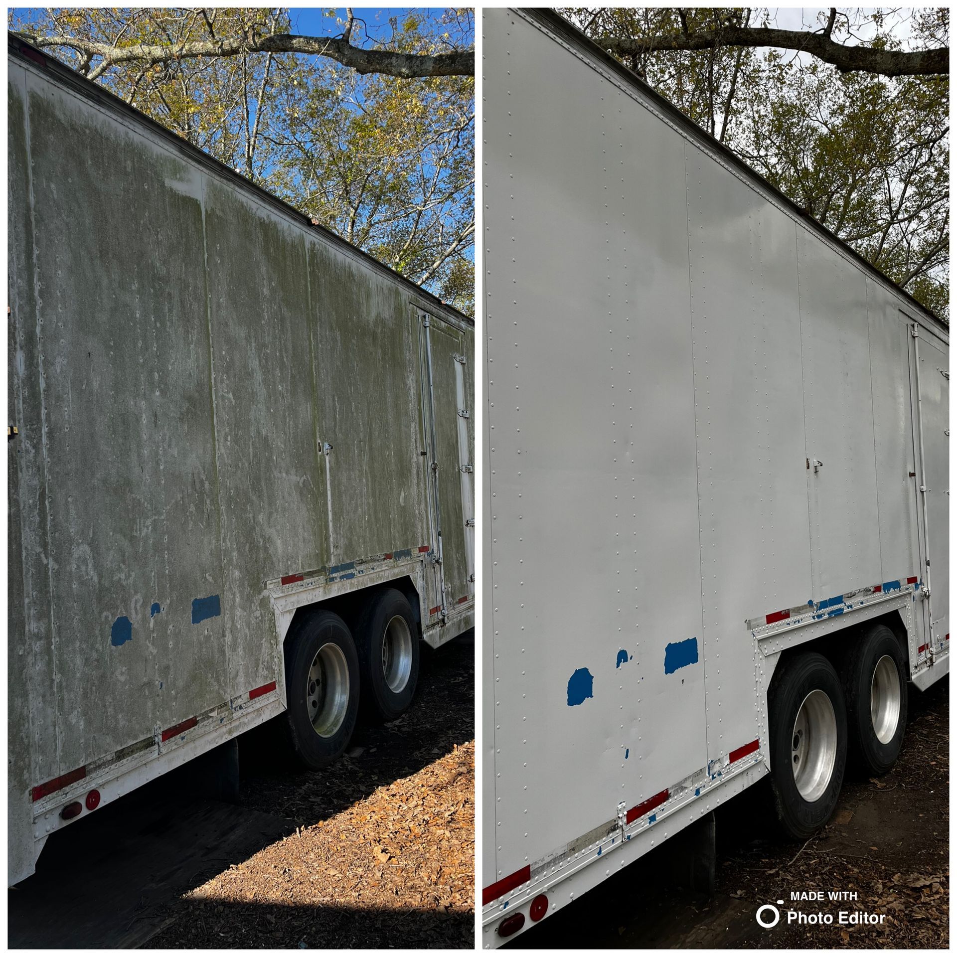 Side-by-side view of a dirty and clean white trailer.  The left side is dirty; the right side is freshly cleaned.