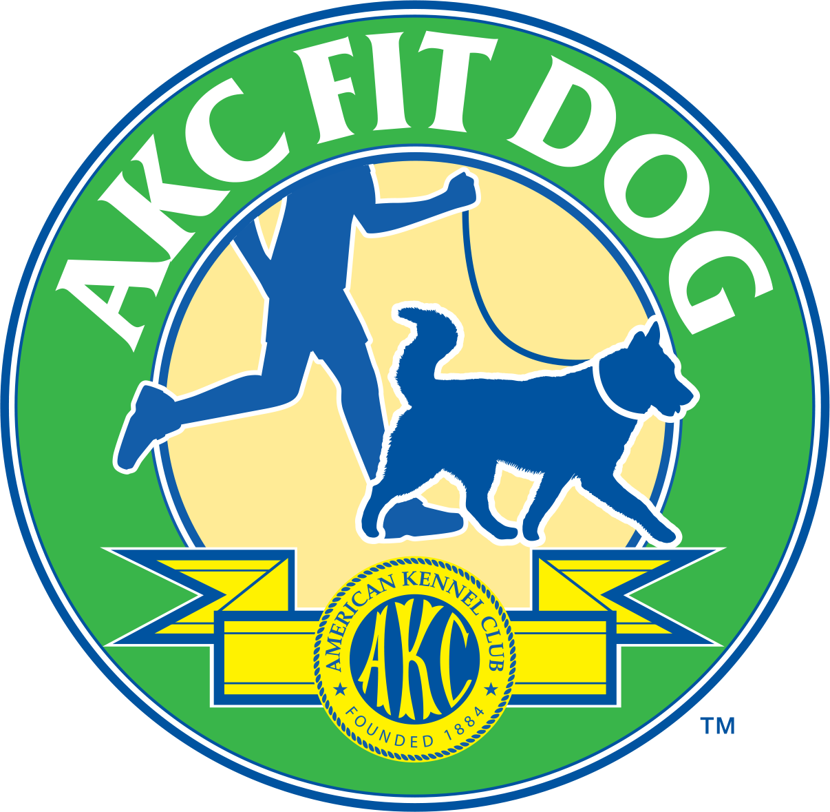 A logo for akc fit dog shows a man running with a dog on a leash