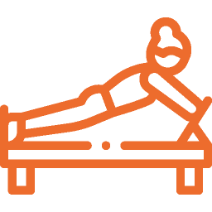 An orange icon of a person on pilates reformer.