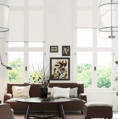 Lounge room with brown leather couch in front of coffee table with potted plant. Large hanging pendant lights in front of large windows with roller blinds rolled half way up.