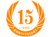 Orange logo for 15 year anniversary, with the number 