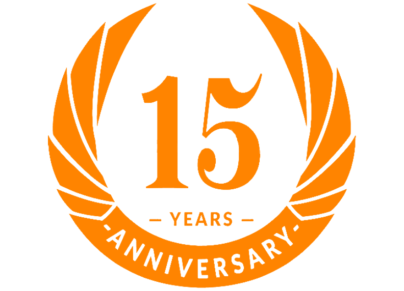 Orange logo for 15 year anniversary, with the number 