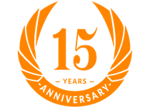Orange logo for 15 year anniversary, with the number 