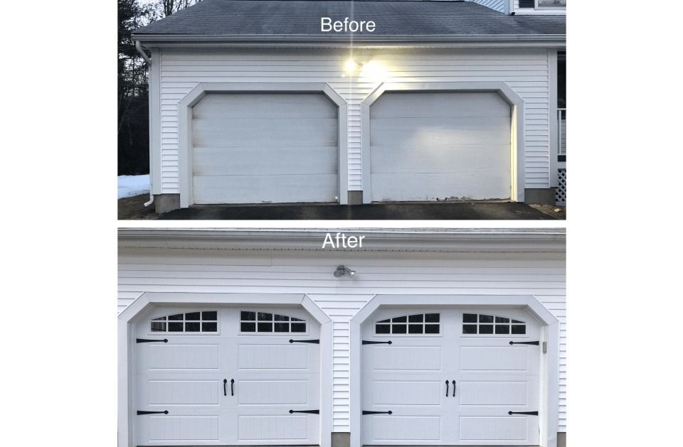 A before and after picture of a garage door.