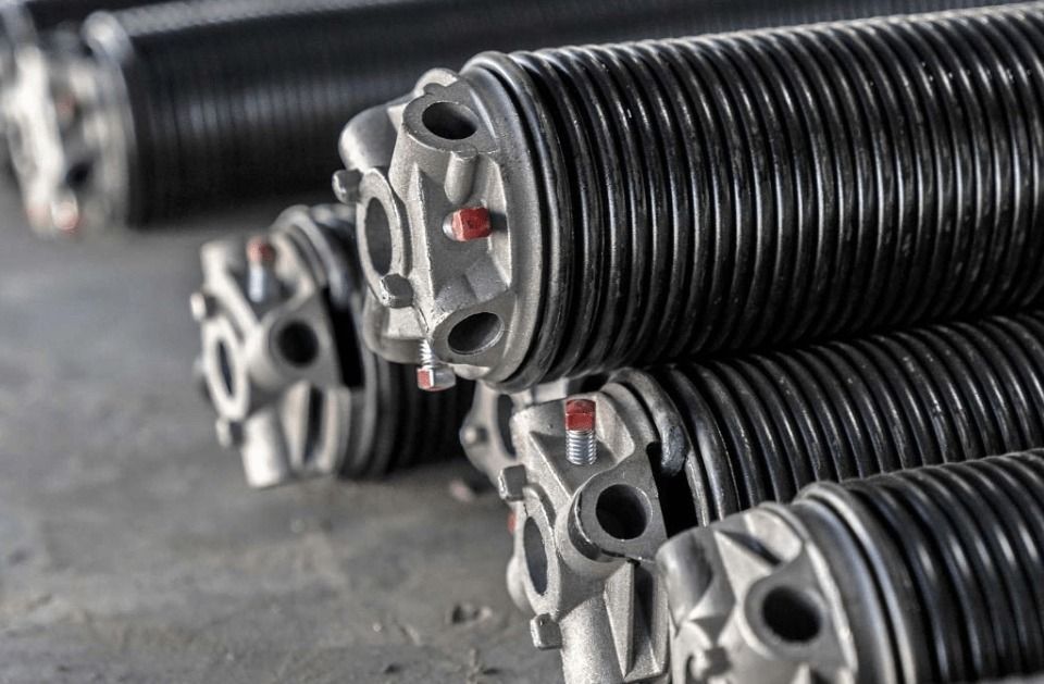 A bunch of garage door springs are stacked on top of each other.
