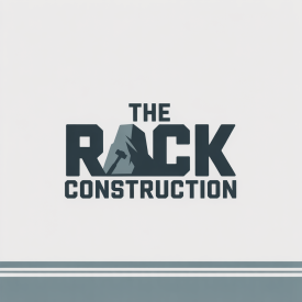 Logo for "The Rock Construction," with a rock, hammer and text.
