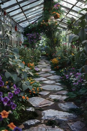 Stone pathway winding through a lush greenhouse filled with colorful flowers and plants.