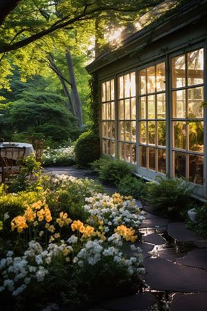 A sunlit garden path leads to a glass-walled structure surrounded by blooming yellow and white flowers and lush green foliage.