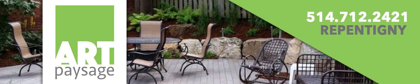 Green logo with phone number and address over a patio with chairs.