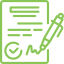 Green icon of a pen signing a document with a check mark.
