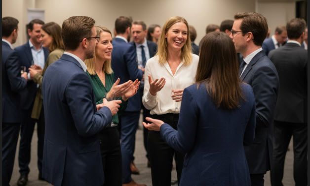 People in business attire talking and smiling at a networking event in a neutral-colored room.