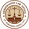 Logo for Immigration Law Office of Tewodros Dinsa, LLC, featuring scales of justice and text on a circular emblem.