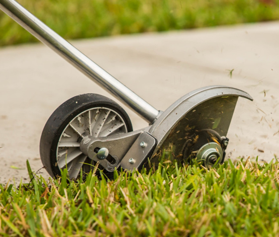 Red Lawn mower cutting grass. Gardening concept