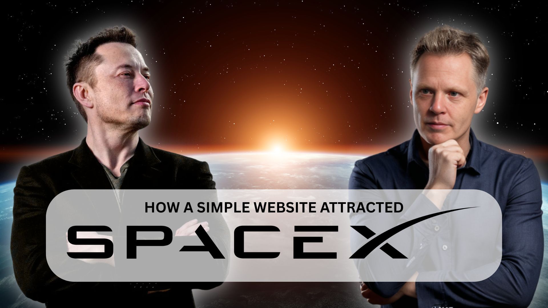 Elon Musk and interviewer, with SpaceX logo; dark setting, text