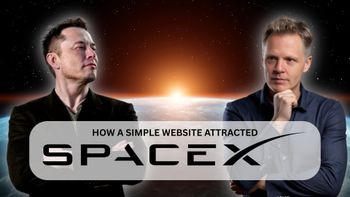Elon Musk and interviewer, with SpaceX logo; dark setting, text