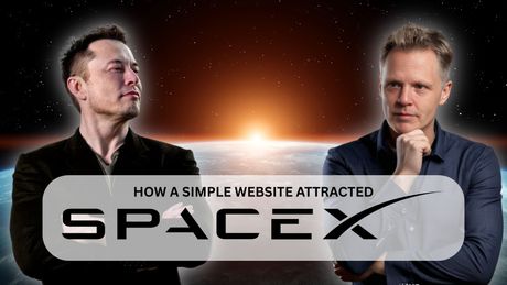 Elon Musk and interviewer, with SpaceX logo; dark setting, text