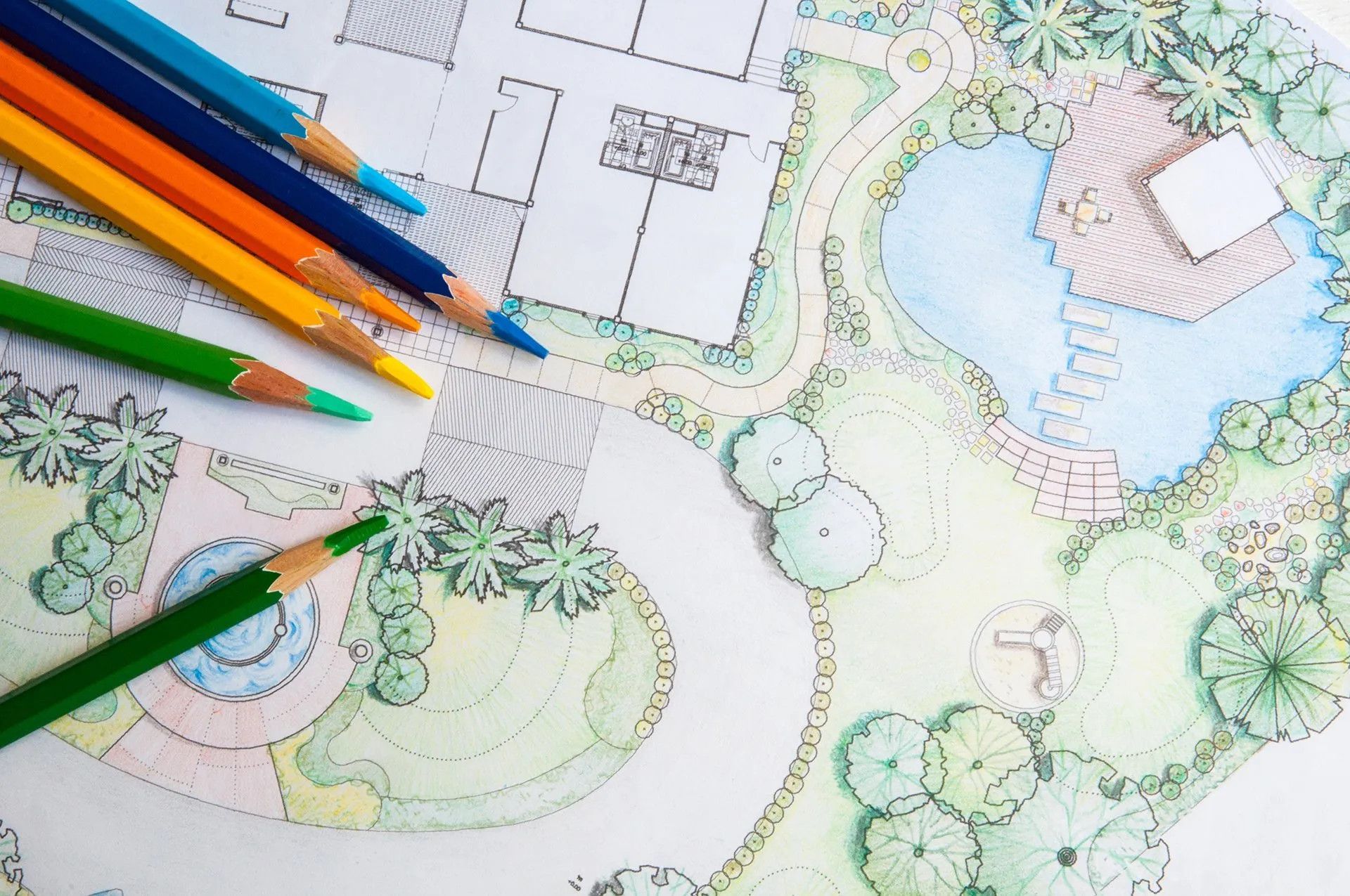 blueprint of landscaping project designed with colored pencils