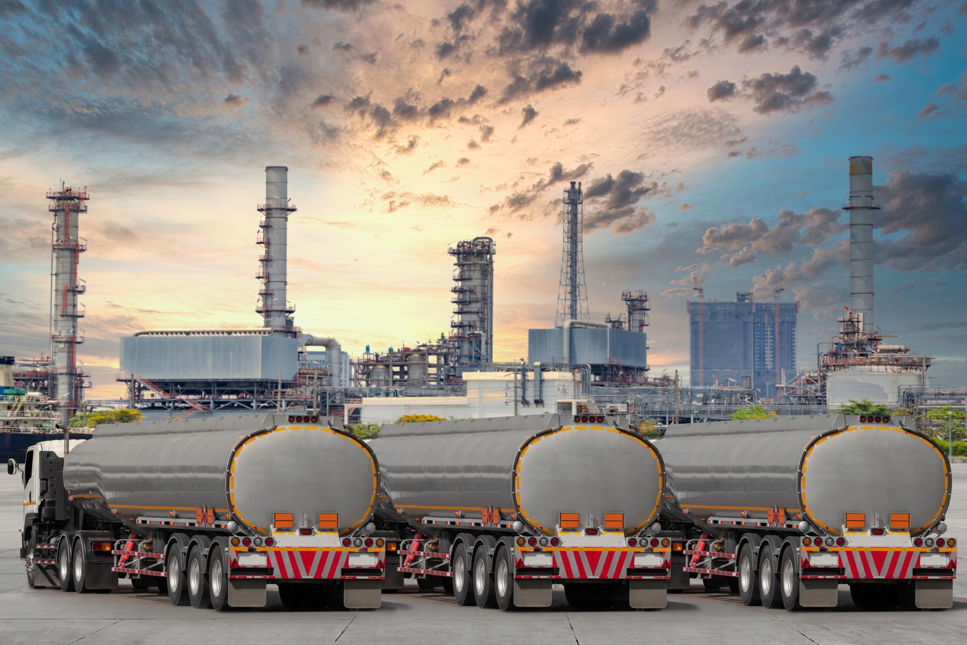 A row of tanker trucks parked in front of an oil refinery.