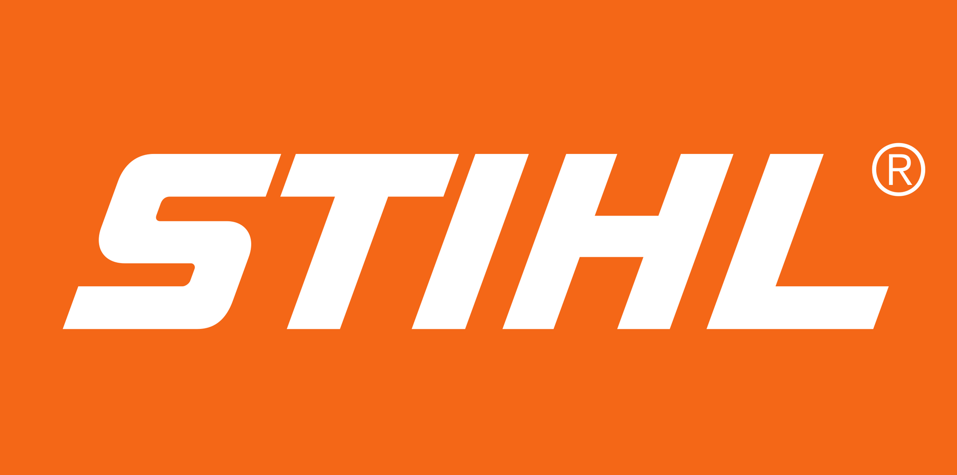 A white stihl logo on an orange background