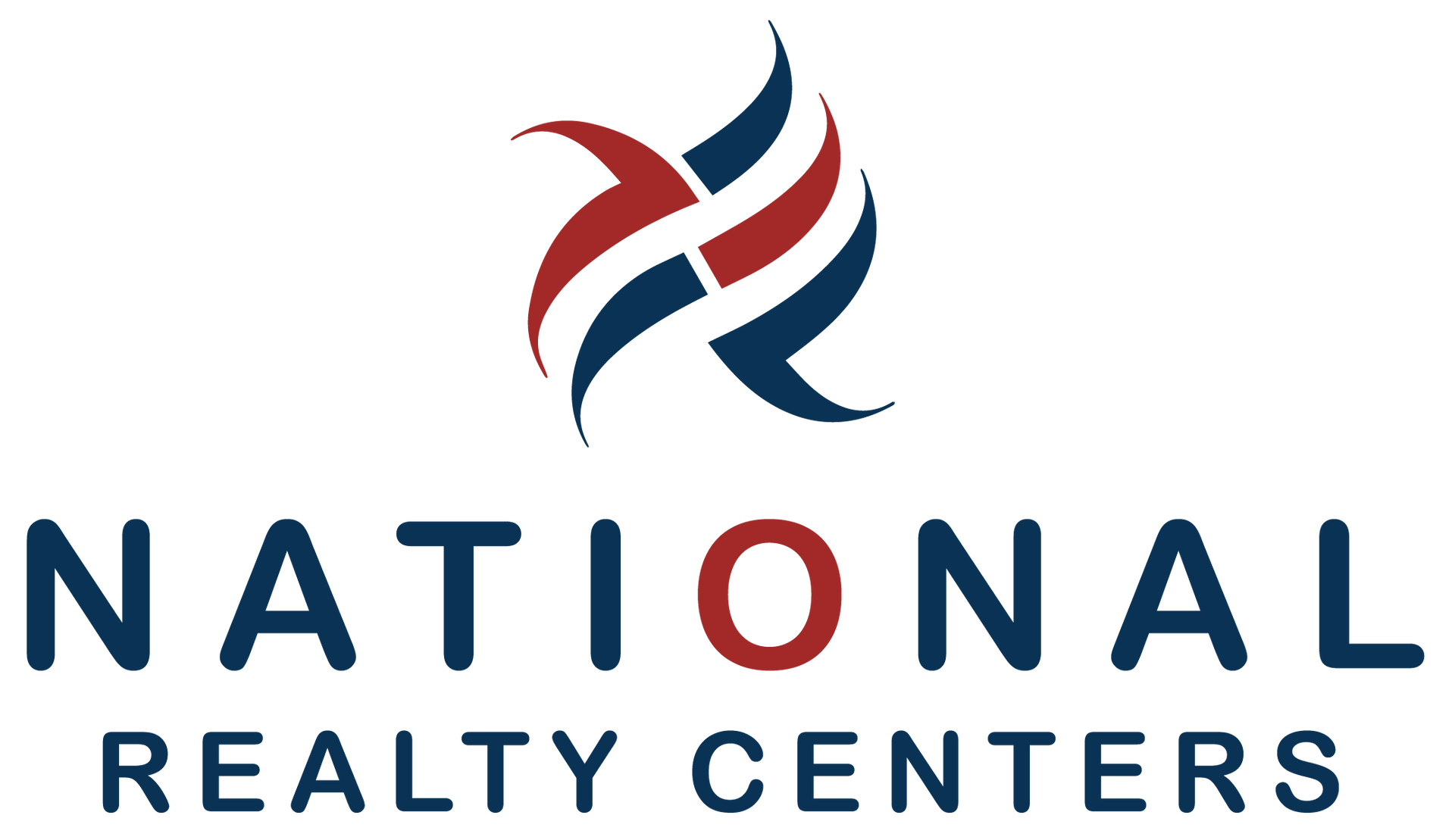 the logo for national realty centers has a red , white and blue swirl on it .
